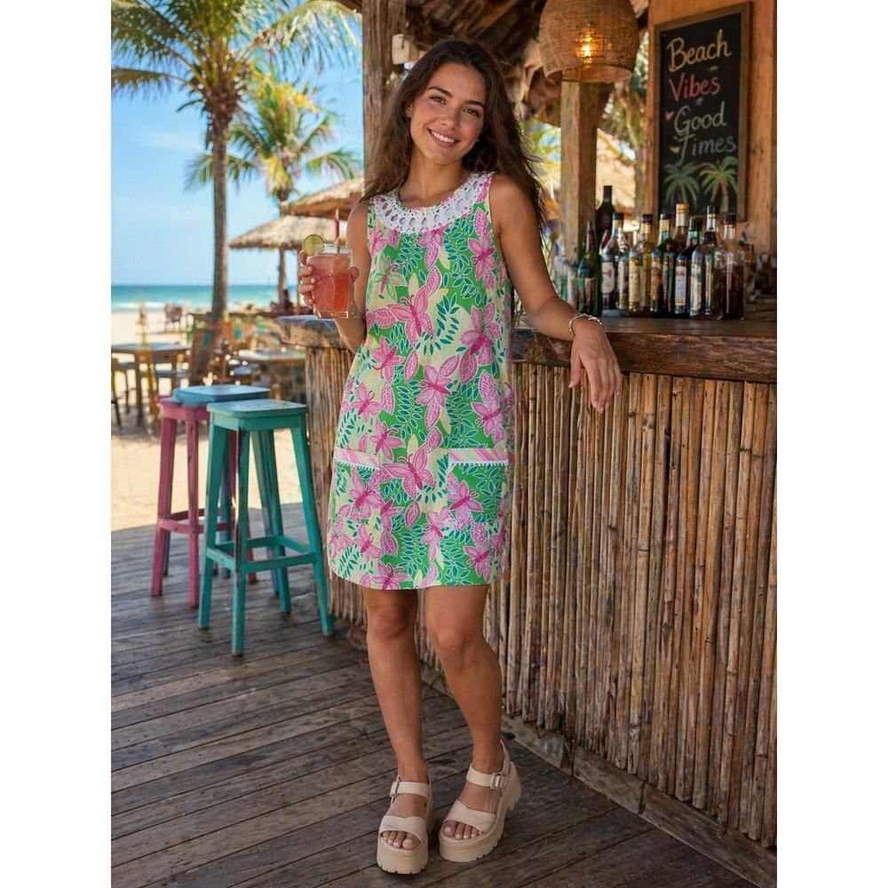 LILLY PULITZER Sz 6 Women's Butterfly Palm ALine Sun Dress Chic Vibrant Dopamine